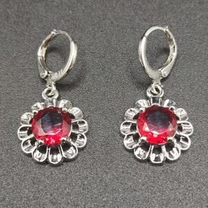 925 Silver Red Flower Earrings Lab Ruby Summer Anniversary Birthday Fashion Gift